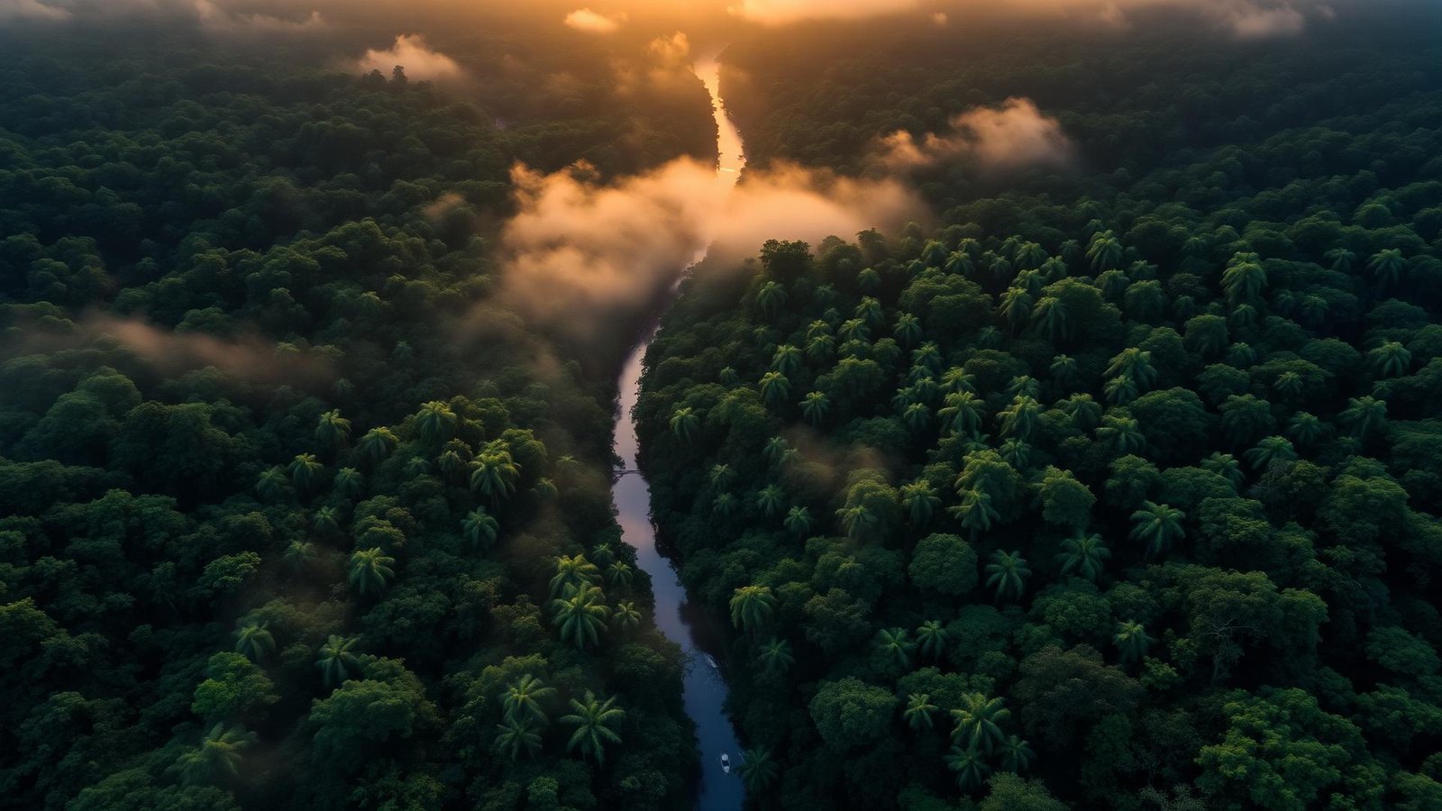 Vista aérea de floresta tropical preservada com rio ao amanhecer